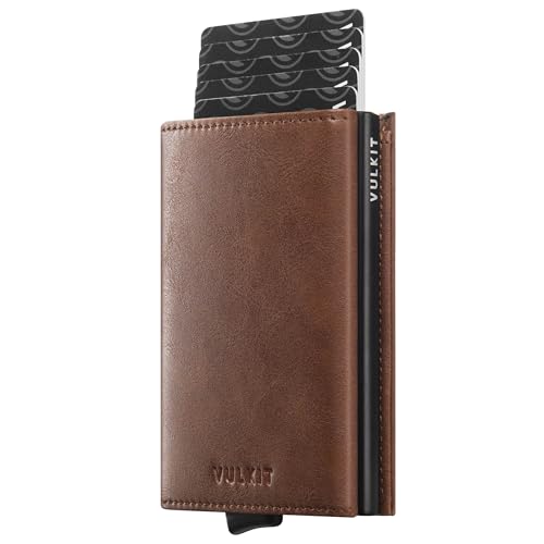 VULKIT Kreditkartenetui Echtleder RFID Blockieren Bifold Geldbörse Herren Portemonnaie mit Münzfach & Banknotenfach (V3 Braun) von VULKIT