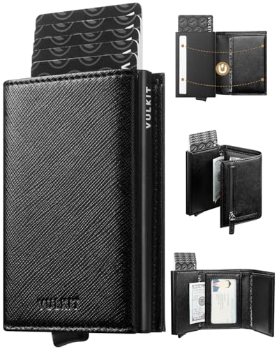VULKIT Kreditkartenetui Echtleder RFID Blockieren Bifold Geldbörse Herren Portemonnaie mit Münzfach & Banknotenfach (V3 Cross Schwarz) von VULKIT