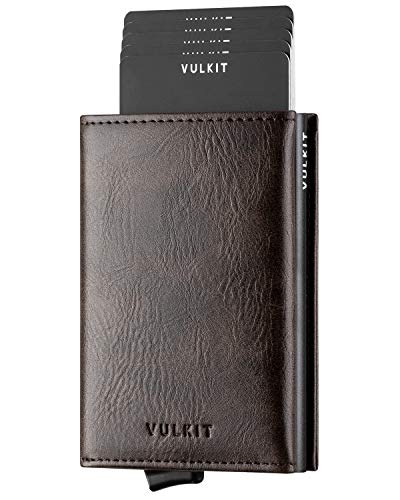 VULKIT Kreditkartenetui Echtleder RFID Blockieren Bifold Geldbörse Herren Portemonnaie mit Münzfach & Banknotenfach (V3 Espresso) von VULKIT