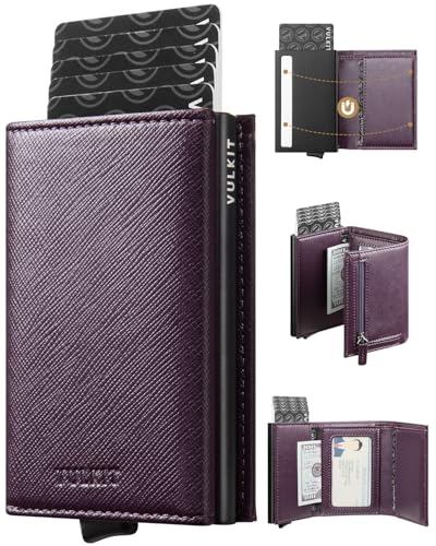 VULKIT Kreditkartenetui Echtleder RFID Blockieren Bifold Geldbörse Herren Portemonnaie mit Münzfach & Banknotenfach (V3 Rot) von VULKIT