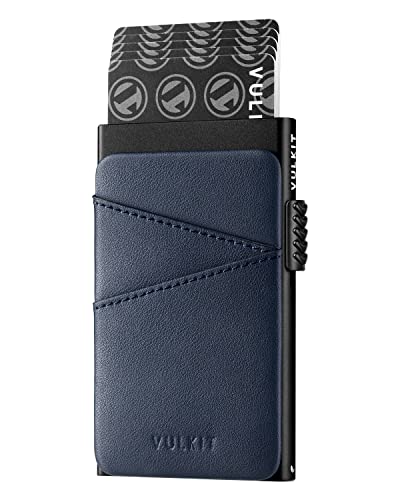 VULKIT Kreditkartenetui Herren Metall mit Fäche aus Leder Automatisch Pop Up Kartenetui Herren Slim Kartenetui RFID NFC Schutz Klein Kartenhalter für 5-9 Karten, Blau von VULKIT