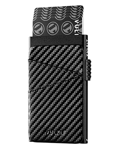 VULKIT Kartenetui Herren Metall Pop Up Kreditkartenetui Klein mit Leder Fächern RFID Blocker Kartenhülle Mini Geldbörse Herren für 5-9 Karten, Kohlefaser von VULKIT