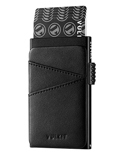 VULKIT Kartenetui Herren Metall Pop Up Kreditkartenetui Klein mit Leder Fächern RFID Blocker Kartenhülle Mini Geldbörse Herren für 5-9 Karten, Schwarz von VULKIT