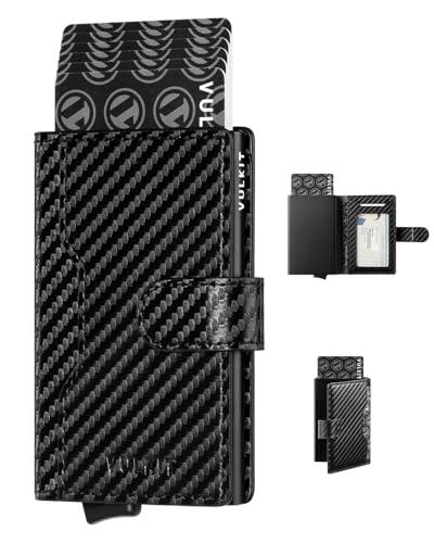 VULKIT Kreditkartenetui Herren RFID Blocker Klein Kartenetui Metall mit 3 Kartenfächern und 1 Ausweisfenster Leder Mini Geldbörse Herren mit Magnetverschluss, Kohlefaser von VULKIT