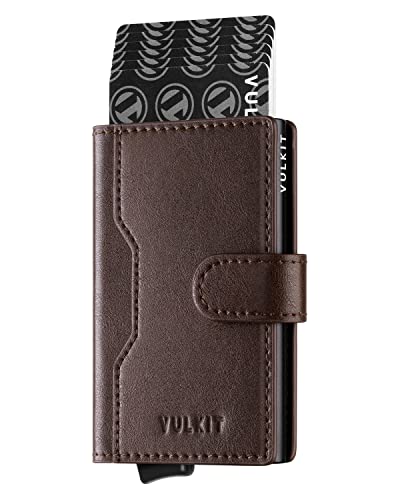 VULKIT Kreditkartenetui Herren RFID Blocker Klein Kartenetui Metall mit 3 Kartenfächern und 1 Ausweisfenster Leder Mini Geldbörse Herren mit Magnetverschluss, Dunkelbraun von VULKIT