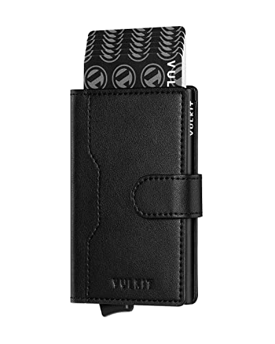 VULKIT Kreditkartenetui Herren RFID Blocker Klein Kartenetui Metall mit 3 Kartenfächern und 1 Ausweisfenster Leder Mini Geldbörse Herren mit Magnetverschluss, Schwarz von VULKIT