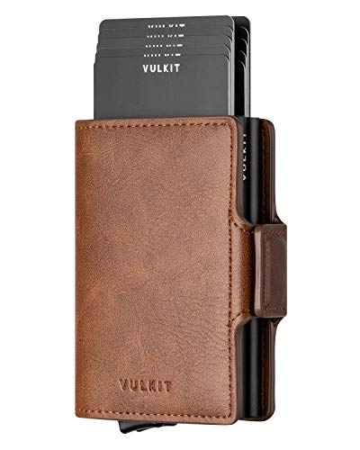 VULKIT Kartenetui Doppelt RFID Schutz Kreditkartenetui Herren Geldbörse Leder Geldbeutel Gentlemens Card Holder für Karten & Geldschein, Braun von VULKIT