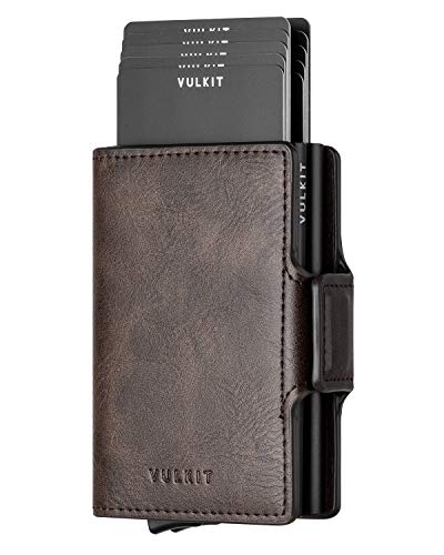 VULKIT Kartenetui Doppelt Kreditkartenetui RFID Schutz Geldbörse Herren Geldbeutel Leder Gentlemens Card Holder für Karten & Geldschein, Schwarz, Espresso von VULKIT