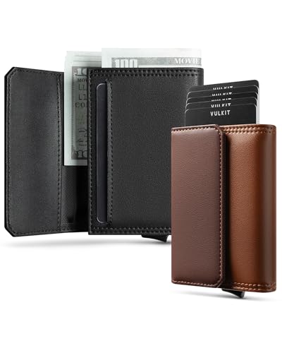 VULKIT Minimale Herrenbörse mit RFID-Blockierung, Pop-Up-Kartenetui, ID-Fenster und Bargeld-/Scheckfach - Braun von VULKIT