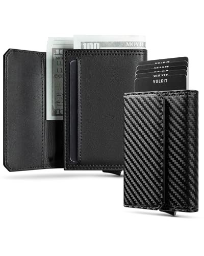 VULKIT Minimale Herrenbörse mit RFID-Blockierung, Pop-Up-Kartenetui, ID-Fenster und Bargeld-/Scheckfach - Carbon Schwarz von VULKIT