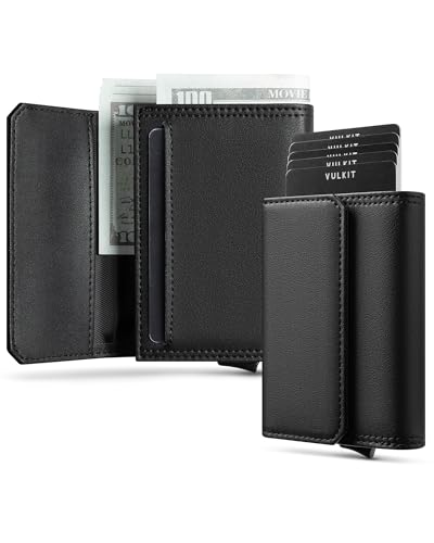 VULKIT Minimale Herrenbörse mit RFID-Blockierung, Pop-Up-Kartenetui, ID-Fenster und Bargeld-/Scheckfach - Schwarz von VULKIT