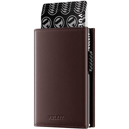 VULKIT Kreditkartenetui RFID-blockierende Pop-Up-Kartentasche aus Echtem Leder mit Geldscheinfach, Ausweisfenster, Münzfach und Magnetverschluss von VULKIT