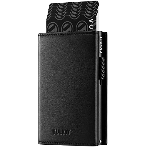 VULKIT Kreditkartenetui RFID-blockierendes Pop-up-Kartenetui aus Genarbtem Rindsleder mit Geldscheinfach, Ausweisfenster, Münzfach und Magnetverschluss von VULKIT