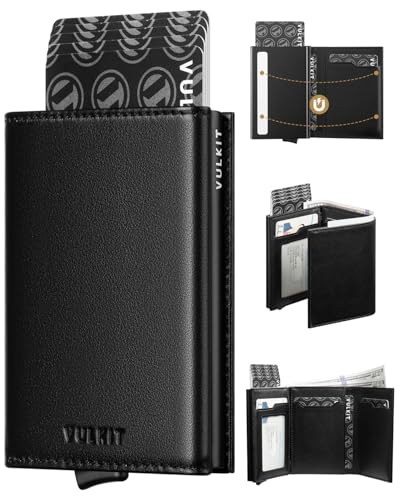 VULKIT Kreditkartenetui für Herren, Pop-up-Kartenetui, RFID-blockierendes Leder-Kartenetui mit Geldscheinfach und Ausweisfenster (Top-Grain Cowhide Black) von VULKIT