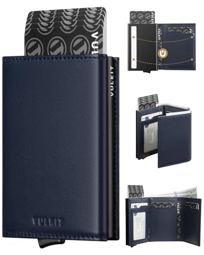 VULKIT Kreditkartenetui für Herren, Pop-up-Kartenetui, RFID-blockierendes Leder-Kartenetui mit Geldscheinfach und Ausweisfenster (Top-Grain Cowhide Blue) von VULKIT
