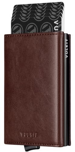 VULKIT Kreditkartenetui für Herren, Pop-up-Kartenetui, RFID-blockierendes Leder-Kartenetui mit Geldscheinfach und Ausweisfenster von VULKIT