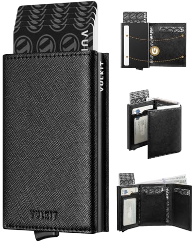 VULKIT Kreditkartenetui für Herren, Pop-up-Kartenetui, RFID-blockierendes Leder-Kartenetui mit Geldscheinfach und Ausweisfenster von VULKIT