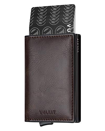 VULKIT Kreditkartenetui Herren Geldbörse RFID Schutz Leder Mini Geldbeutel Gentlemens Card Holder Wallet für 5-7 Karten & Geldschein, Espresso von VULKIT