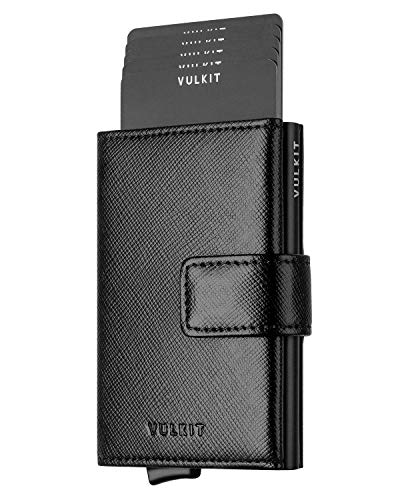 VULKIT Kreditkartenetui Leder Herren RFID Blockieren Echtleder Portemonnaie Bifold Geldbörse mit 3 Steckplätzen für Karten & Banknoten von VULKIT