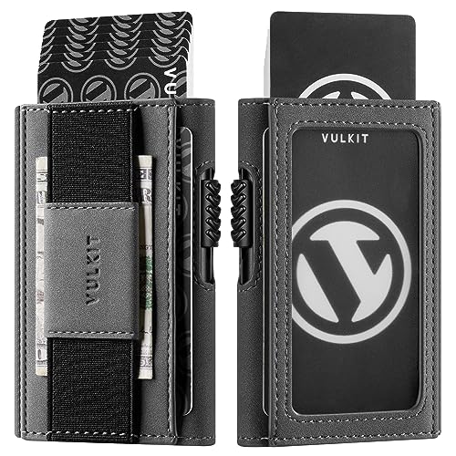 VULKIT Leder Slim Wallet mit ID-Fenster und Geldklammer, Inneres Automatisches Pop-Up Kreditkartenetui aus Aluminium, RFID/NFC Blocker Portemonnaie, Grau von VULKIT