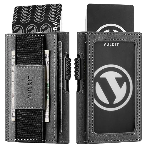 VULKIT Leder Slim Wallet mit Ausweisfenster und Geldklammer, Inneres Automatisches Pop-Up Kreditkartenetui aus Aluminium, RFID/NFC Blocker Portemonnaie, Grau von VULKIT