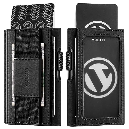 VULKIT Leder Slim Wallet mit Ausweisfenster und Geldklammer, Inneres Automatisches Pop-Up Kreditkartenetui aus Aluminium, RFID/NFC Blocker Portemonnaie, Schwarz von VULKIT