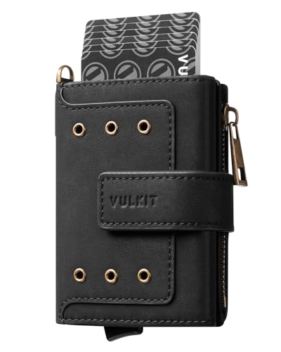 VULKIT Mini Geldbörse Herren mit Reißverschluss Münzfach, Aluminium Etui Kartenschieber RFID Geschützt und Geldscheinefach, für Max. 10 Karten, Schwarz von VULKIT