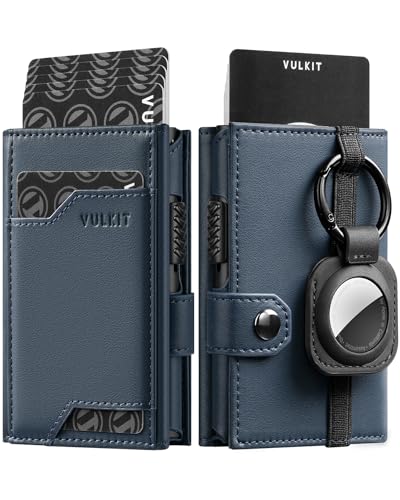 VULKIT Airtag Geldbörse Herren mit Ausweisfenster Kartenetui Herren mit Geldscheinfach Kreditkartenetui RFID Schutz mit Airtag Schlüsselanhänger, Napa Blau von VULKIT