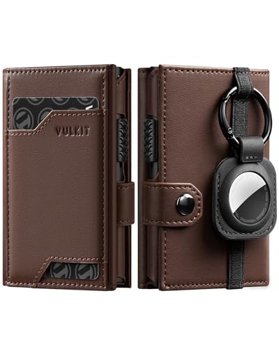 VULKIT Airtag Geldbörse Herren mit Ausweisfenster Kartenetui Herren mit Geldscheinfach Kreditkartenetui RFID Schutz mit Airtag Schlüsselanhänger, Napa Espresso von VULKIT