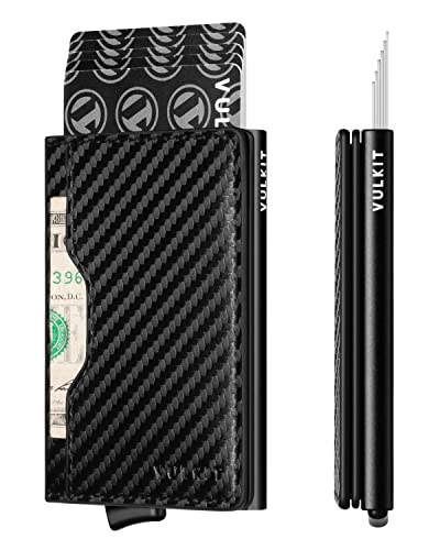 VULKIT Kleine Geldbörse Herren Leder RFID Blocker Pop Up Metall Kartenetui Herren Slim Kreditkartenetui, Kohlefaser von VULKIT