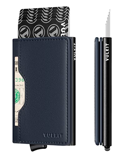 VULKIT Kleine Geldbörse Herren Leder RFID Blocker Pop Up Metall Kartenetui Herren Slim Kreditkartenetui, Marineblau von VULKIT