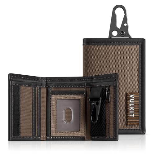 VULKIT RFID-blockierende Dreifach Gefaltete Geldbörse für Herren Wasserabweisendes Kreditkartenetui aus Leder mit Münzfach mit Reißverschluss und Schlüsselschnalle für Tägliche Reisen im Freien von VULKIT