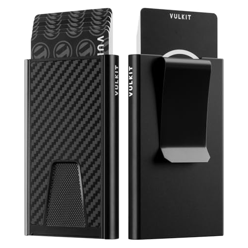 VULKIT Aluminium Kreditkartenhülle mit Geldklammer, Slim Smart Wallet Kartenetui Portemonnaie mit RFID Blocker, Carbon Schwarz von VULKIT