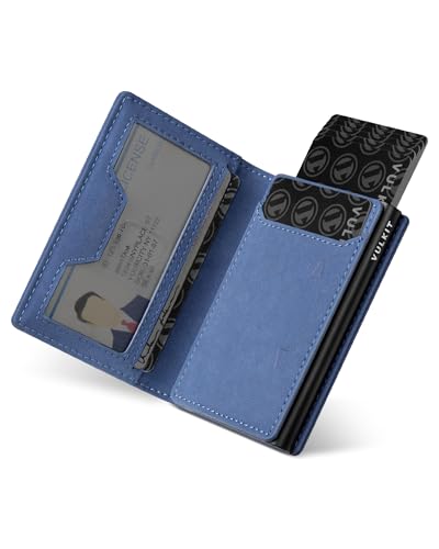 VULKIT Karten Portemonnaie Herren mit Münzfach, Ausweisfenster und Aluminium Kreditkartenetui RFID/NFC geschützt, Leder Geldbeutel für Max. 10 Karten, Blau von VULKIT