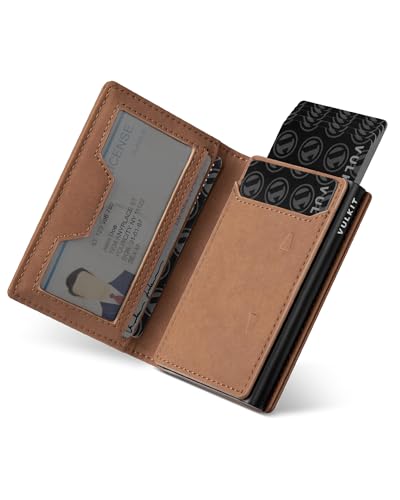 VULKIT Karten Portemonnaie Herren mit Münzfach, Ausweisfenster und Aluminium Kreditkartenetui RFID/NFC geschützt, Leder Geldbeutel für Max. 10 Karten, Braun von VULKIT