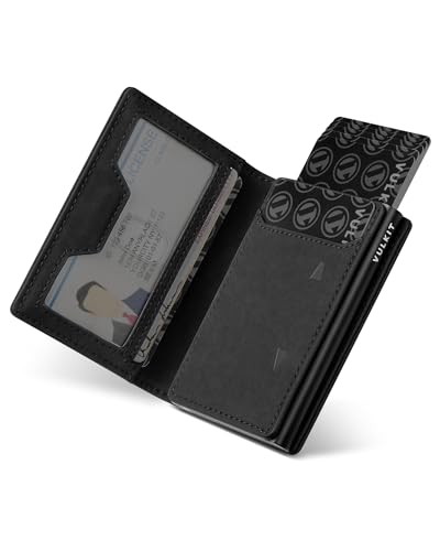 VULKIT Karten Portemonnaie Herren mit Münzfach, Ausweisfenster und Aluminium Kreditkartenetui RFID/NFC geschützt, Leder Geldbeutel für Max. 10 Karten, Schwarz von VULKIT
