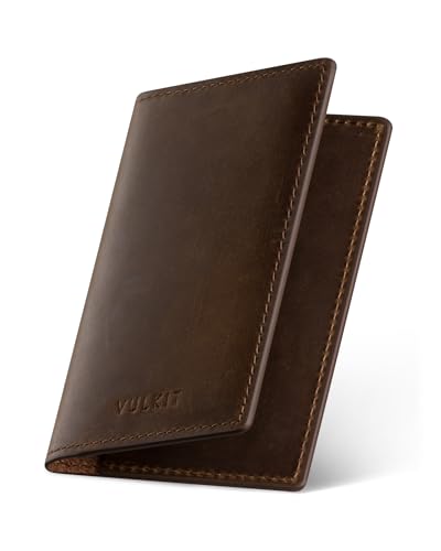 VULKIT Visitenkartenetui Echtes Leder Slim Visitenkartenhüllen für Herren Bifold Visitenkartenhalter um 20 Visitenkarten Aufbewahrung, Dunkelbraun von VULKIT