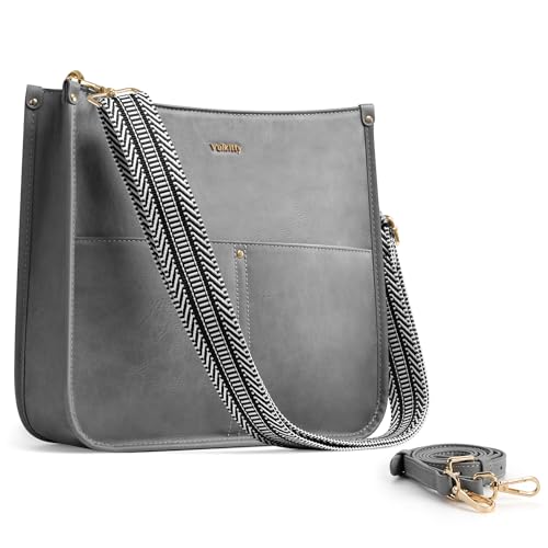Vulkitty PU Leder Schultertasche Damen Mittelgroß Umhängetasche mit 2 Riemen Crossbody Messenger Bag Grau von Vulkitty