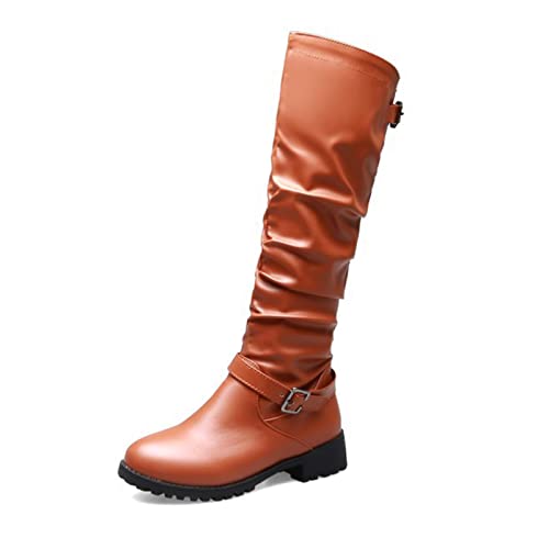 Damen Langschaft Stiefel PU Leder Kniehohe Warm Gefüttert Reitstiefel Mit Schnalle,Braun,46 EU von VULTRO