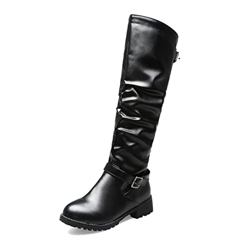 Damen Langschaft Stiefel PU Leder Kniehohe Warm Gefüttert Reitstiefel Mit Schnalle,Schwarz,43 EU von VULTRO