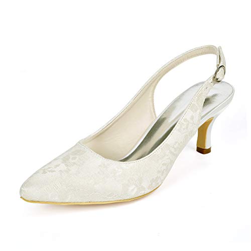 VULTRO Brautschuhe Damen Riemchen Spitze Zehen Satin Partei Abendschuhe Hochzeitsschuhe,Elfenbein,35 EU von VULTRO