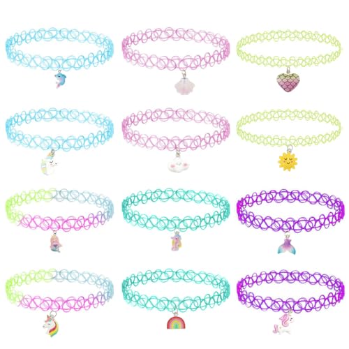 VURYAPI 12 Stück Süße Mädchen-Halskette, Choker Halskette Set für Teenager Mädchen, Anhänger Charme Einhorn Regenbogen Panda Katze Herz Blume Meerjungfrau Chokers Henna Tattoo Stretch elastisch von VURYAPI