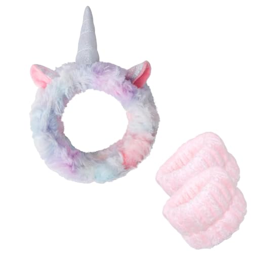 VURYAPI 3-teiliges Gesichtswasch-Spa-Stirnband Armband-Set Niedliche Einhorn Make-up Hautpflege Haarband Handtücher Armbänder Gesichts-Kopfwickel Handgelenk-Haargummis für Frauen Mädchen von VURYAPI