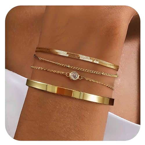 VURYAPI 4 Stück Armband Damen Gold 14 Karat Vergoldet Stapelarmbänder Edelstahl Figaro Perlen Ketten Armbänder Verstellbare Armband Set Wasserdichter Gold Schmuck für Damen von VURYAPI