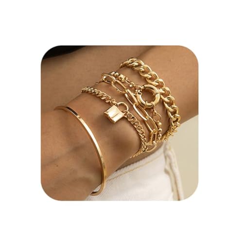 VURYAPI 5 Stück Goldarmband Damen Gold, Armband Damen Gold, Goldschmuck, Armbänder Armband Set Verstellbare Stapelbare Kettenarmband für Damen Mädchen(2) von VURYAPI