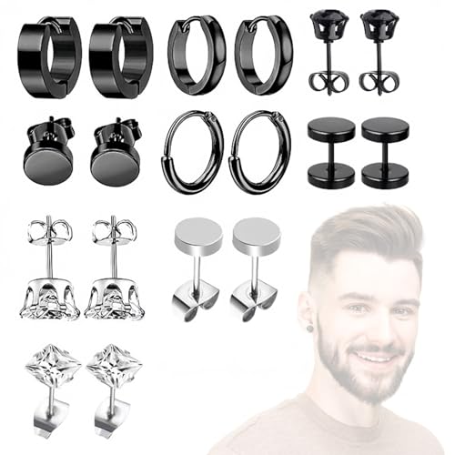 VURYAPI 9 Paar Herren Ohrringe Edelstahl Creolen Hoops Earrings Set Ohrringe Männer Frauen Knorpel Helix Piercing Ohr Mode Punk Ohrringe Creolen Schwarz Silber Ohrringe für Herren Damen von VURYAPI