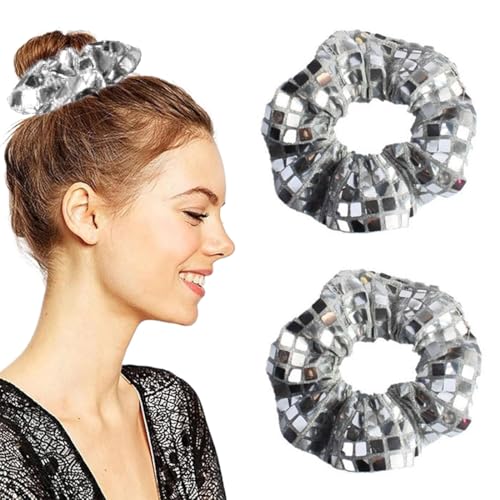 VURYAPI Glitzer Haargummis Haar Scrunchies Silvester Weihnachten Metallic Haarschmuck Elastische Haarbänder Silber Pferdeschwanz Haargummis für Geburtstag Karneval Mottoparty Damen Mädchen von VURYAPI