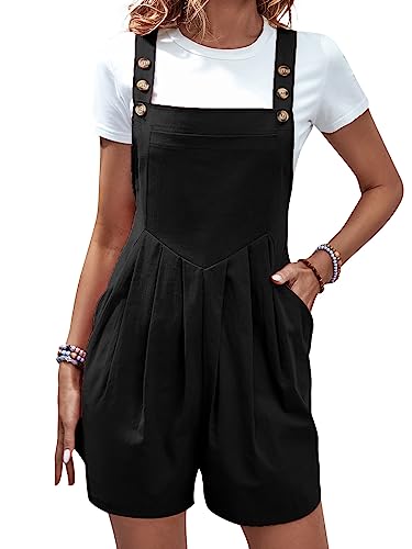 VUTRU Bequemer und atmungsaktiver Baumwoll Leinen Jumpsuit für Damen mit weitem Bein, verstellbaren Trägern und praktischen Taschen lässiger Sommeroverall Romper Shorts Schwarz S von VUTRU