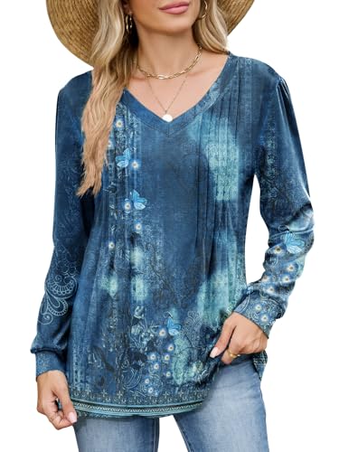 VUTRU Damen Bluse Langarm Tshirts V-Ausschnitt Tunika Tops Elegant Falten Longsleeve Oberteile Damen von VUTRU