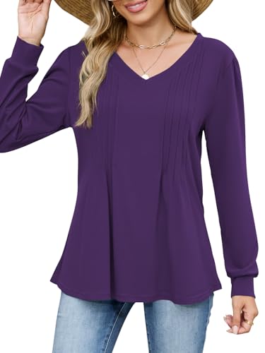 VUTRU Damen Bluse Langarm Tshirts V-Ausschnitt Tunika Tops Elegant Falten Longsleeve Oberteile Damen von VUTRU